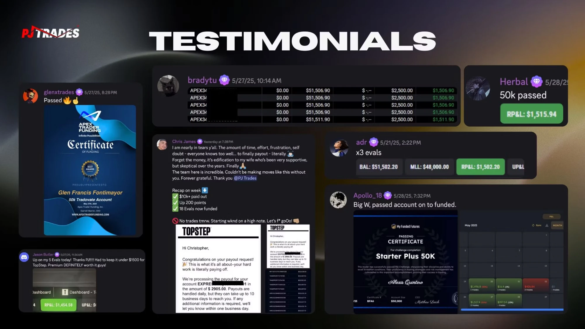Member testimonials: passed prop firm evaluations and payouts shared in the PJ Trades Discord